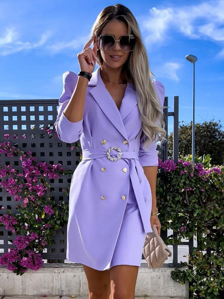 Blazer Dress White Belt Double Breasted Solid Color Slim Fit Casual Stylish Spring Fall Outerwear For Women