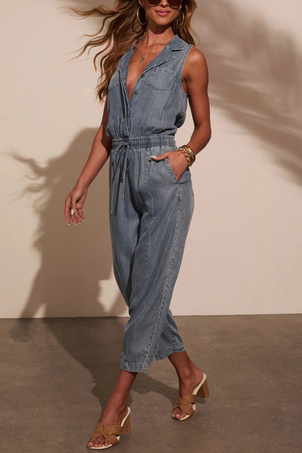 Stylish Collared Sleeveless Elastic Waist Tie Casual Pocket Denim Jumpsuit