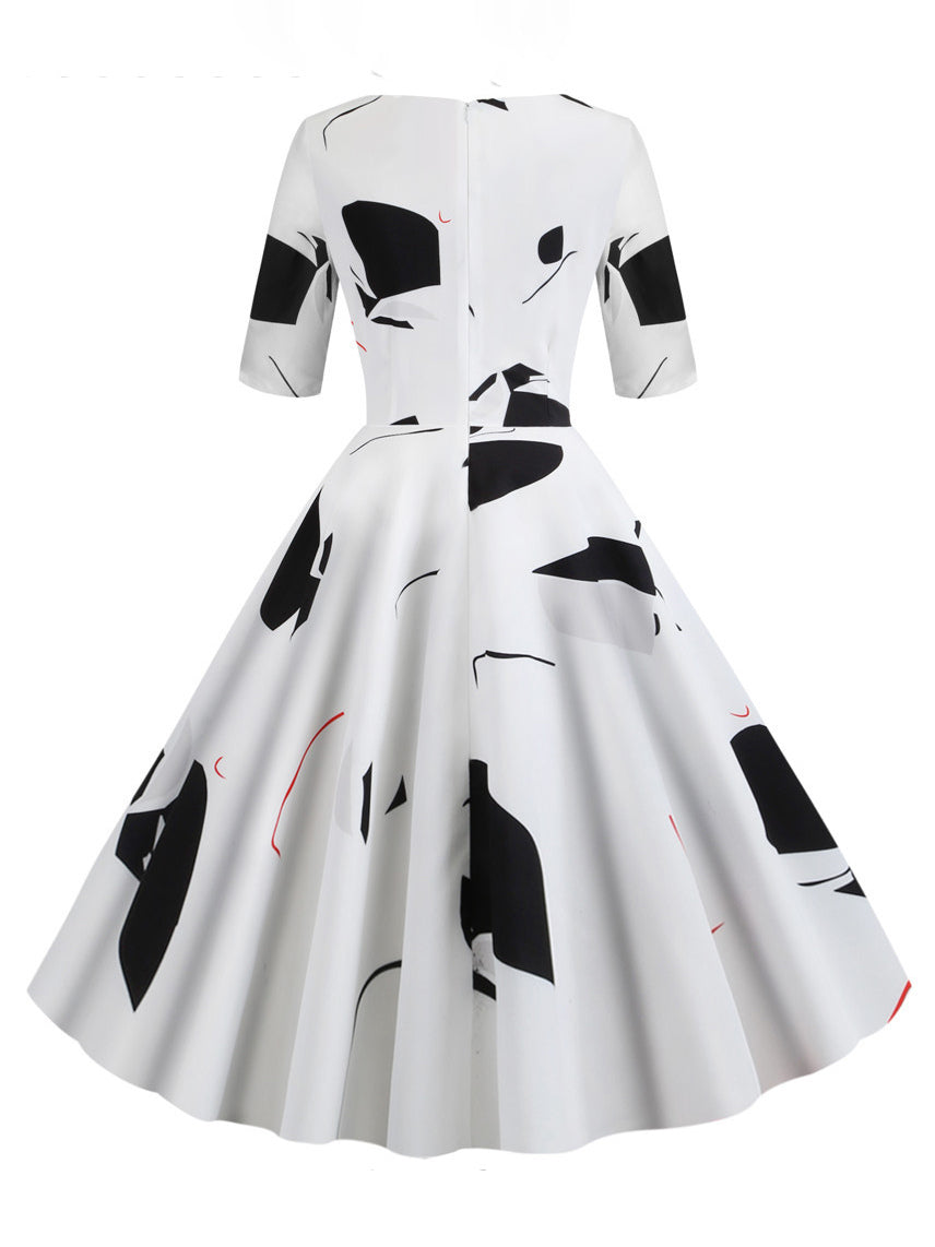 Vintage Glamour Dress Black 1950s Style Floral Print Layered Half Sleeves Sweetheart Neck Medium Rockabilly Dress