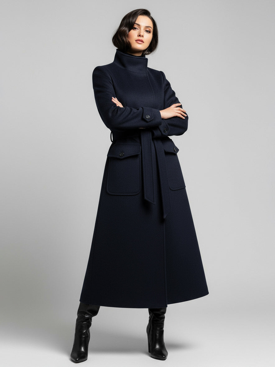 Belted Woolen Stand-Collar Long Winter Coat With Functional Pockets For Women 2026