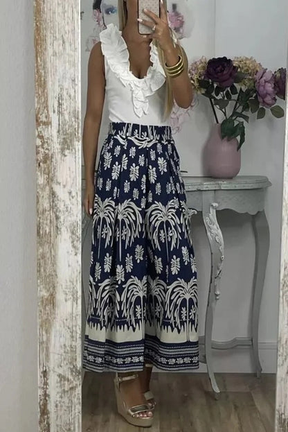 Unique Print Elastic Waist Loose Pocket Holiday Wide Leg Pants