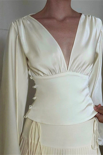Vintage High Stretch Satin Waist Cinched Long Sleeve Tee
