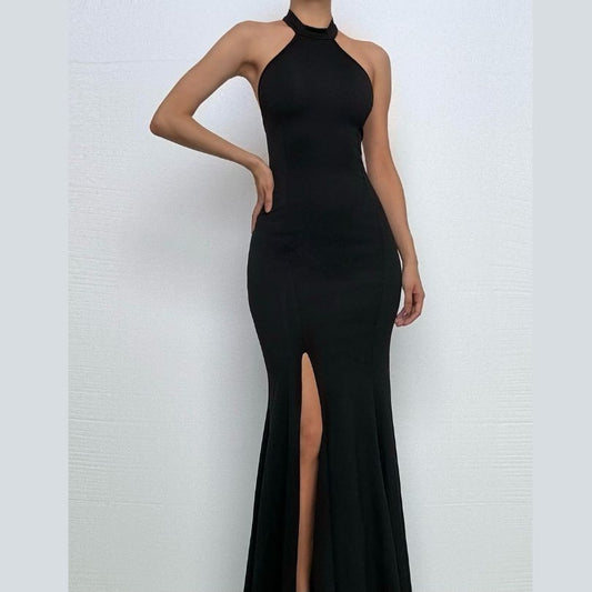 Halter backless high slit solid maxi dress