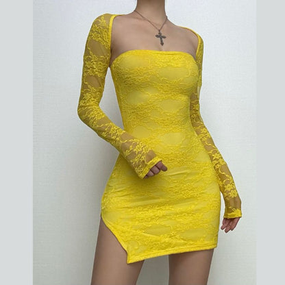 Long sleeve lace shrug tube 2 piece mini dress