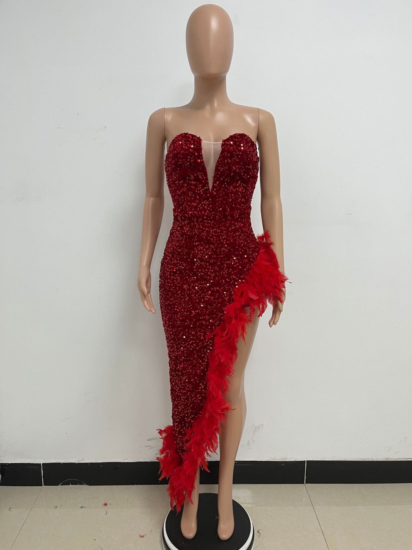 Burgundy Sequin Dresses Strapless Plunge Lace-up Back Feather Birthday Party Dresses