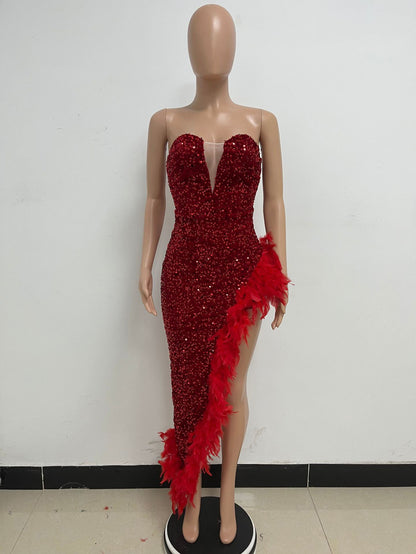 Burgundy Sequin Dresses Strapless Plunge Lace-up Back Feather Birthday Party Dresses
