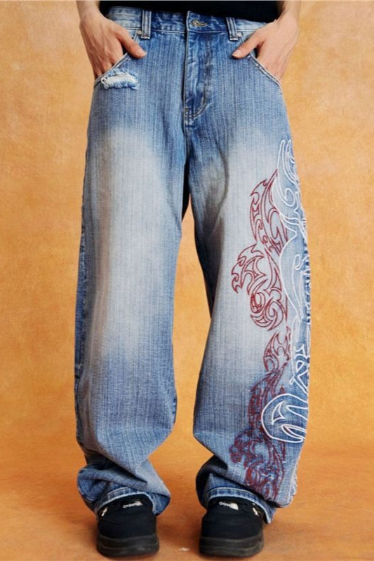 Vintage Embroidered Washed Slouchy Street Casual Jeans