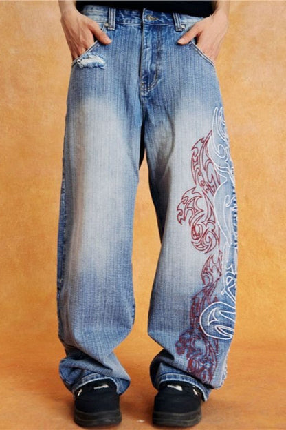 Vintage Embroidered Washed Slouchy Street Casual Jeans