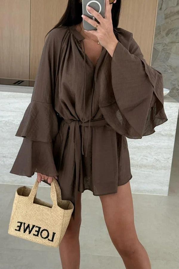 Molly Linen Blend Tiered Bell Sleeve Tie-up Cover-up Mini Dress