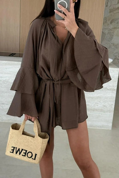 Molly Linen Blend Tiered Bell Sleeve Tie-up Cover-up Mini Dress