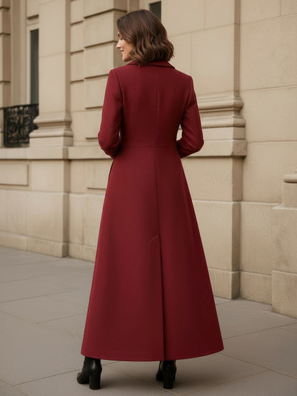 Shawl Collar Full-Length Woolen Coat With A-Line And V-Neck For Women 2026