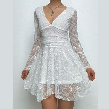 Lace v neck long sleeve self tie backless mini dress