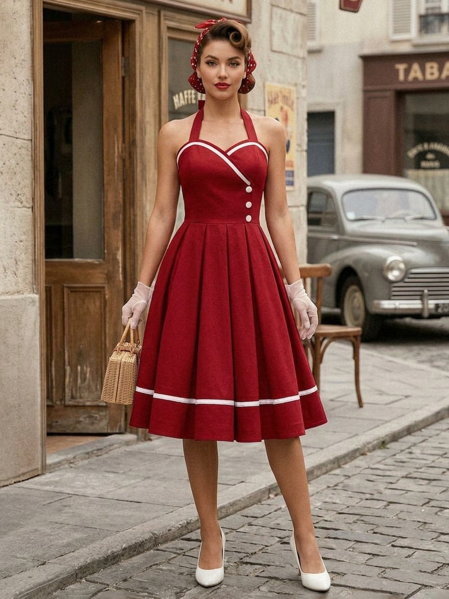 Retro Glamour Dress 1950s Style Burgundy Layered Buttons Sleeveless Sweetheart Neck Swing Dress