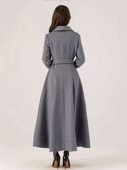Long Woolen Flared Coat Gray Belted Winter Full Length Outerwear For Women 2026