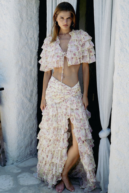 Ruffled Tiered Split Cake Skirt Two Piece Set