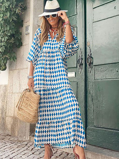 Boho Maxi Smock Dress for Women - Tiered Floral V Neck Lantern Sleeve Long Dress - Summer Beach Holiday 2026
