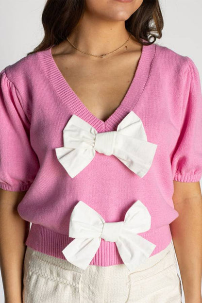V-Neck Short-Sleeved Double Bow Solid Color Sweater