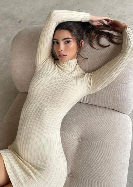 Sleek Allure - High Collar Long Sleeve Bodycon Dress