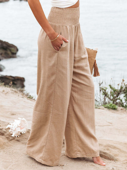 Khaki Linen Pants Wide Leg Elastic Waist Summer Trousers