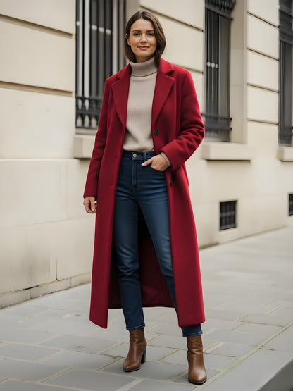 Woolen Long Straight Coat With Single-Breasted And Classic Notch Lapel For Women 2026