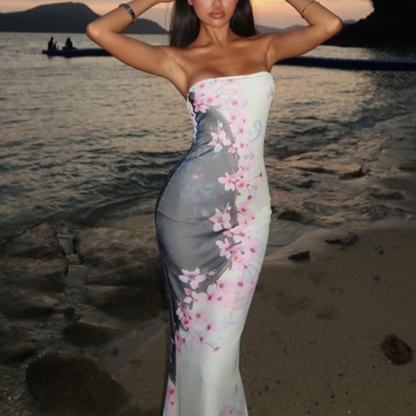 Backless flower print contrast maxi dress