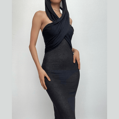Hooded Cross Halter Ruched Sheer Overlay Bodycon Maxi Dress