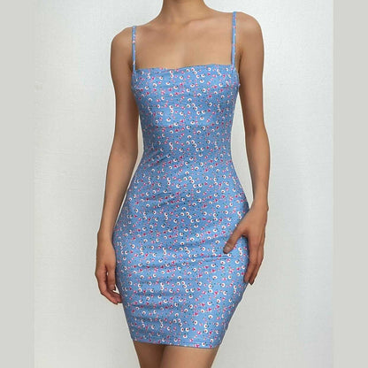 Ditsy Floral Print Spaghetti Strap Square Neck Bodycon Mini Dress