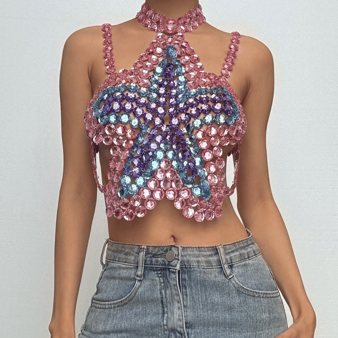 Halter star pattern backless gem chain top