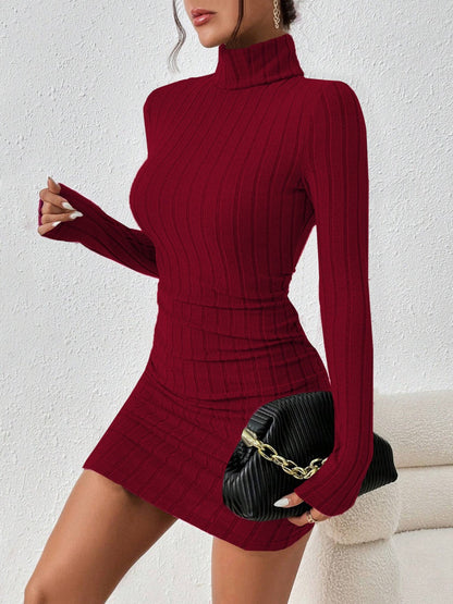 Knitting Turtleneck Long Sleeve Tight Fit Solid Color Pit Strip Mini&Short Dresses