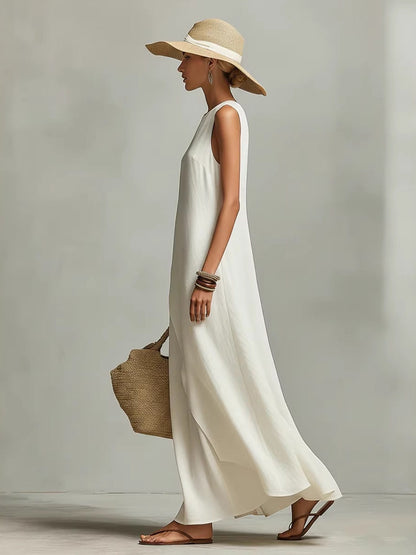 Sleeveless Asymmetrical Hem Cotton-linen Blend Long Dress