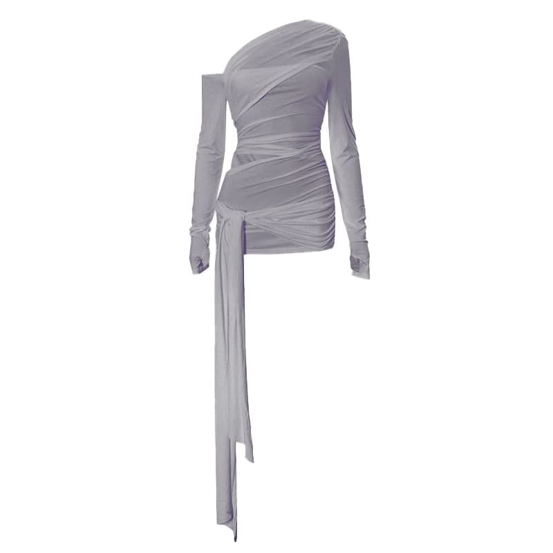 One shoulder long sleeve ruched hollow out knotted cut out top