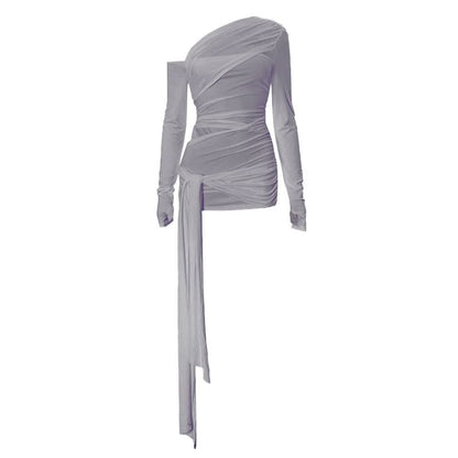One shoulder long sleeve ruched hollow out knotted cut out top