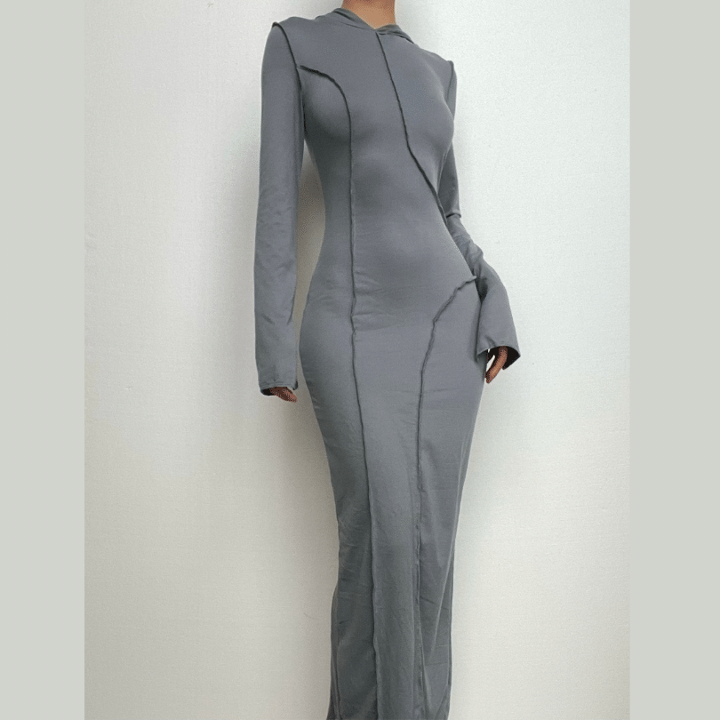 Stitch hoodie solid long sleeve slit maxi dress-final-sale