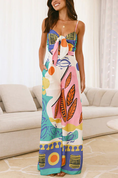 Knot Front Cut Out Pocketed Wide Leg Printed Cami Jumpsuit