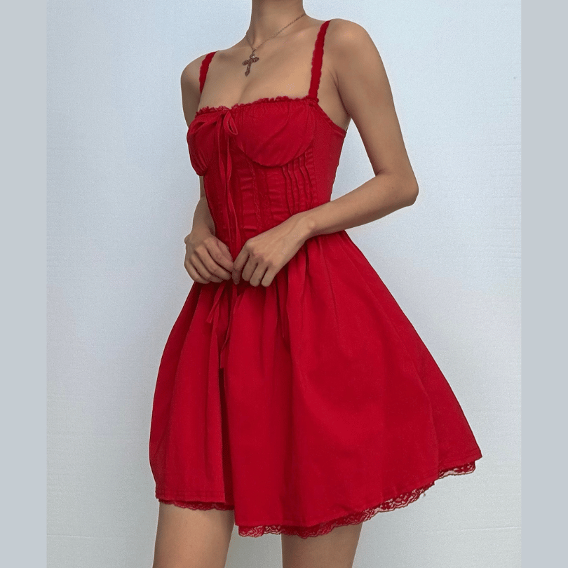 Lace hem drawstring ruched lace up cami mini dress