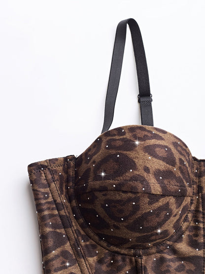 Rhinestone-studded Body Shaping Fish Bones Leopard Print Camisoles