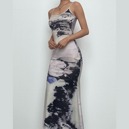 U neck flower print ruched cami cami maxi dress