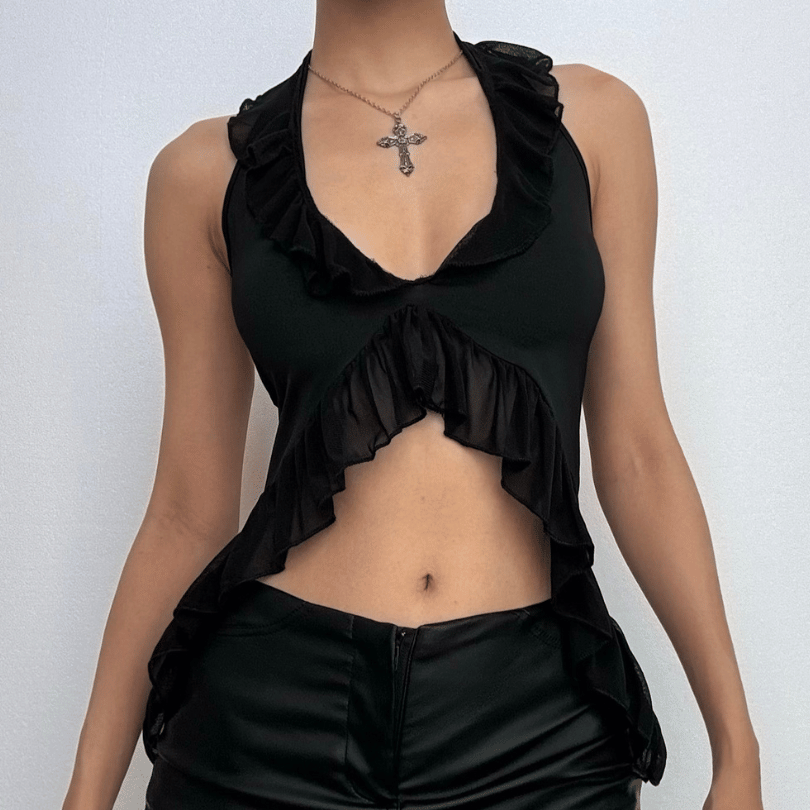 Halter ruffle ruched mesh solid crop top