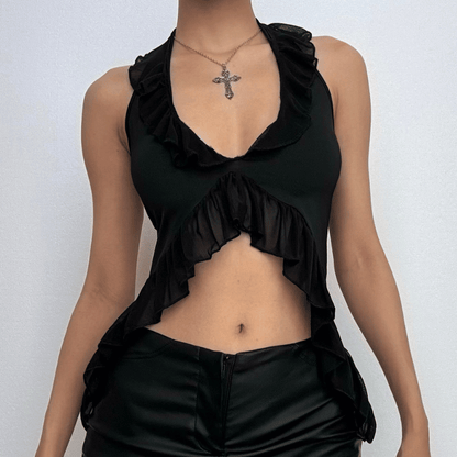 Halter ruffle ruched mesh solid crop top