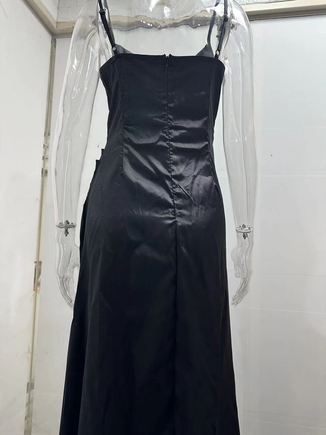 Spaghetti Strap Pleated Slit Satin Dress