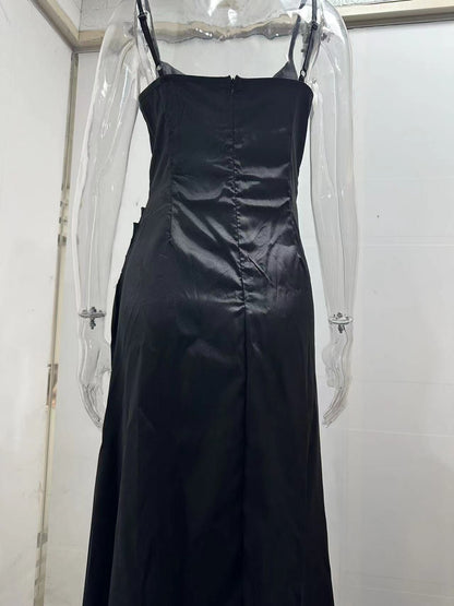 Spaghetti Strap Pleated Slit Satin Dress