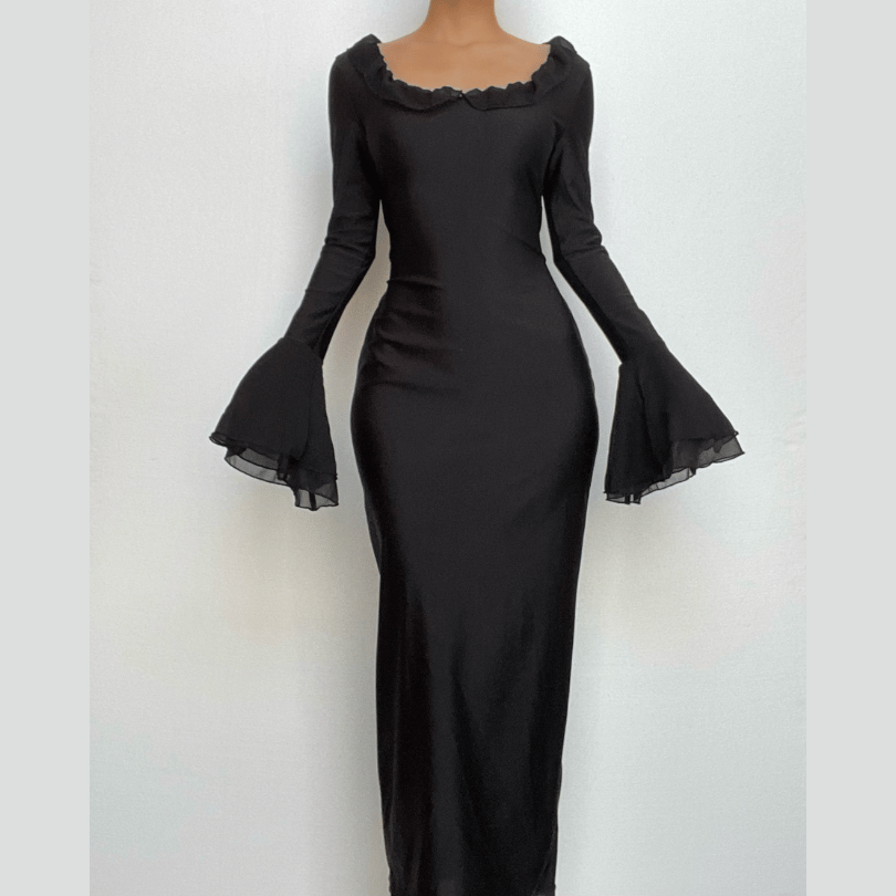 Ruffle long flared sleeve u neck solid midi dress