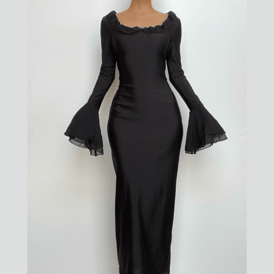 Ruffle long flared sleeve u neck solid midi dress