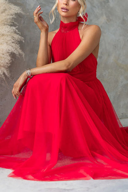 Bow Knot Halter Open Back Tulle Maxi Dress