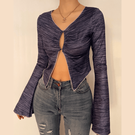 Long sleeve ruffled buttoned slit top