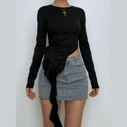 Long sleeve ruched irregular ruffle crewneck top