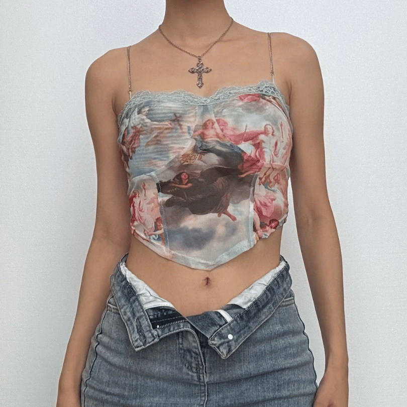 Metal chain print lace hem cami crop top