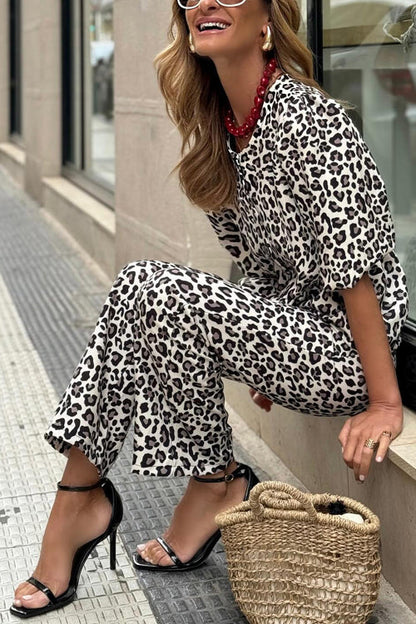 Half Sleeves Button Up Ruffle Shirt and Straight Leg Pants Leopard Set