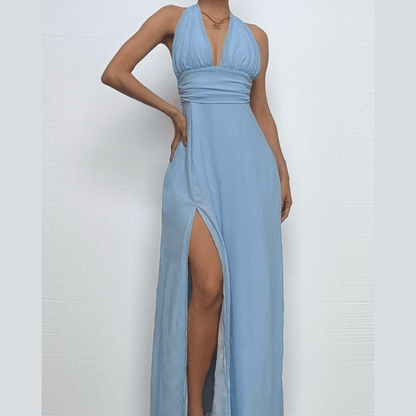 Halter deep v neck ruched high slit maxi dress