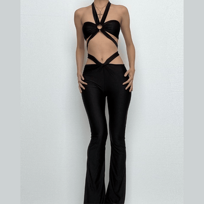 Halter hollow out ruched low rise crop pant set